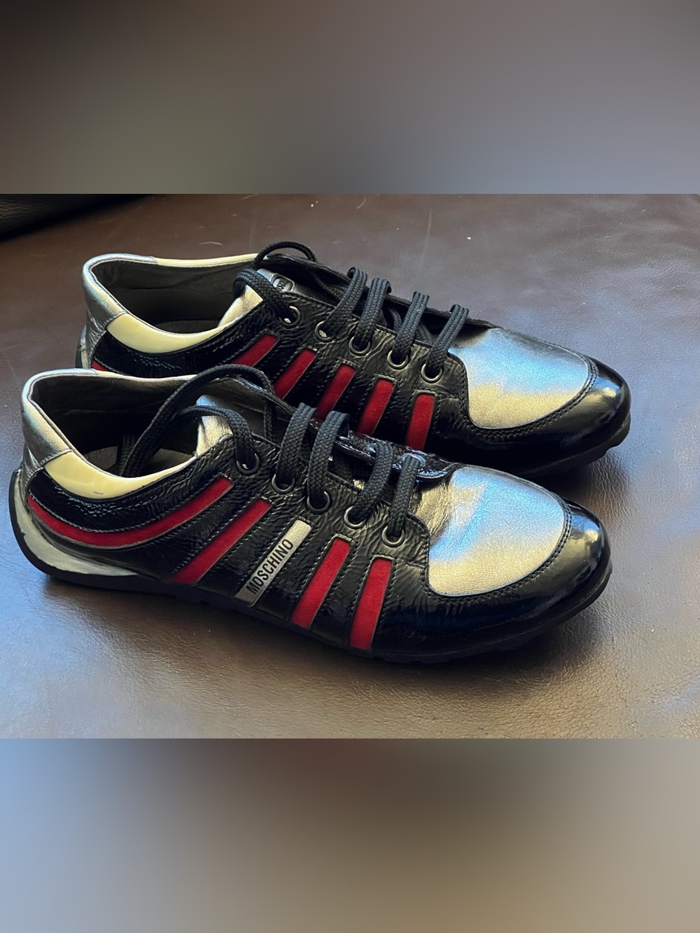 Moschino Patent Leather Driving Sneakers Black Red Silver Low Top Size US7.